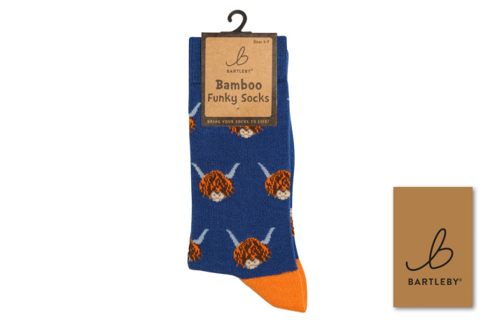 Blue sock with orange accents and a pattern on a white background, featuring Bartley branding.